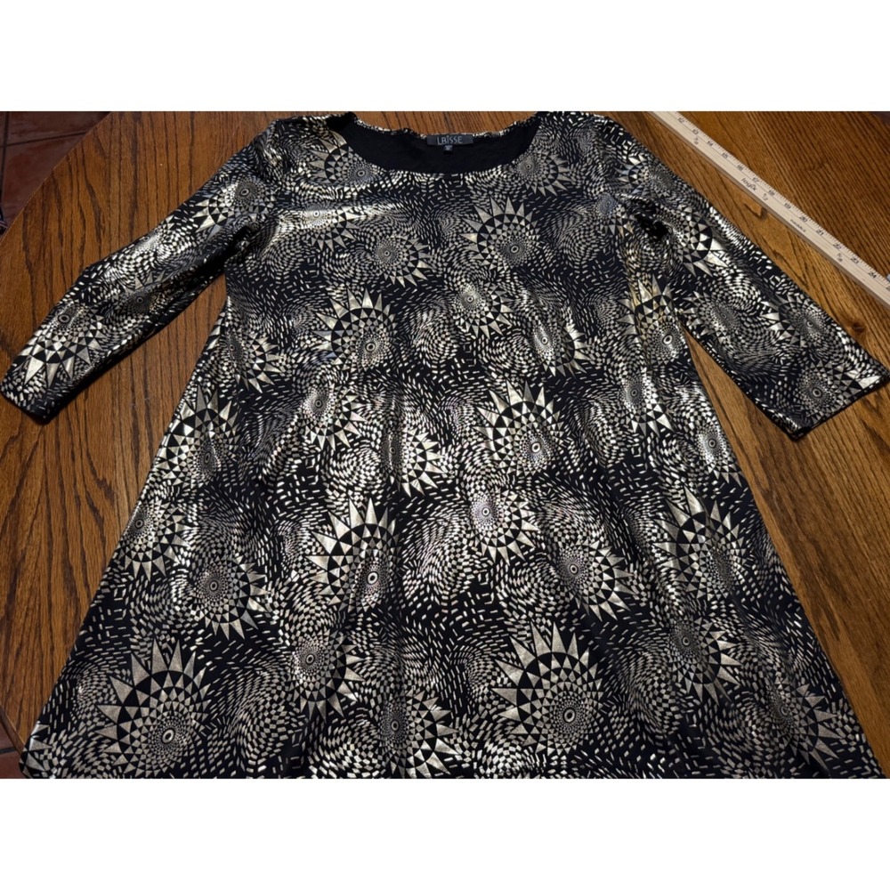 LBISSE Womens 1X Tunic Top Black Gold Metallic Geometric Starburst 3/4 Sleeve